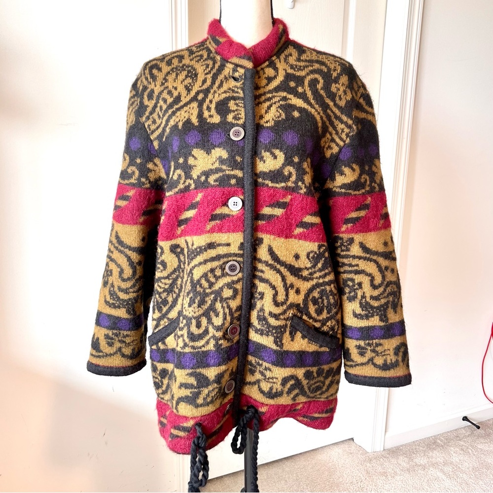 Vintage GEIGER Wool Blend Paisley Mandarin Collar Cardigan Sweater—SZ. 36 (6)